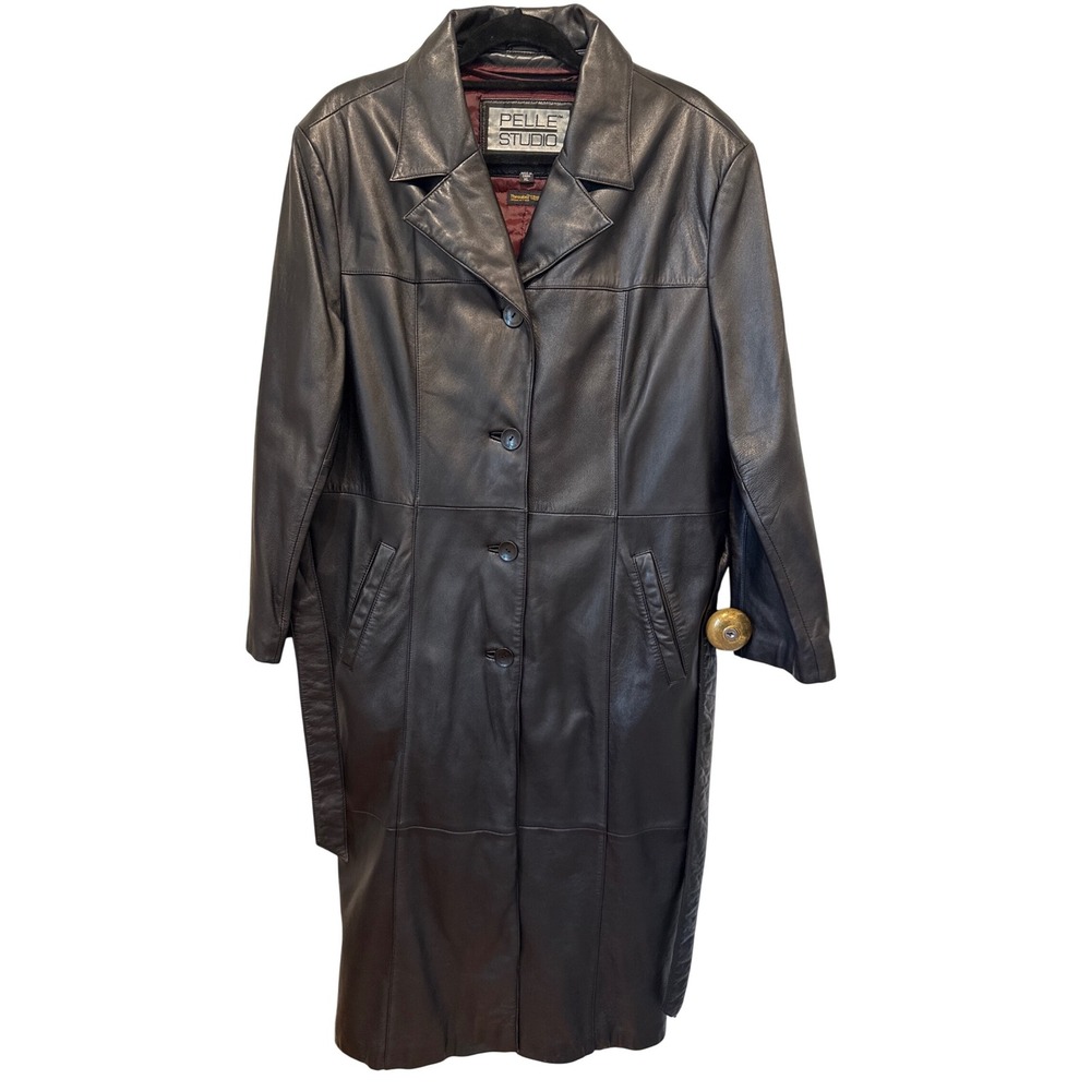 Pelle Studio Womens Black Leather Trench Coat Belted Thinsulate Insulation XL - Picture 2 of 7